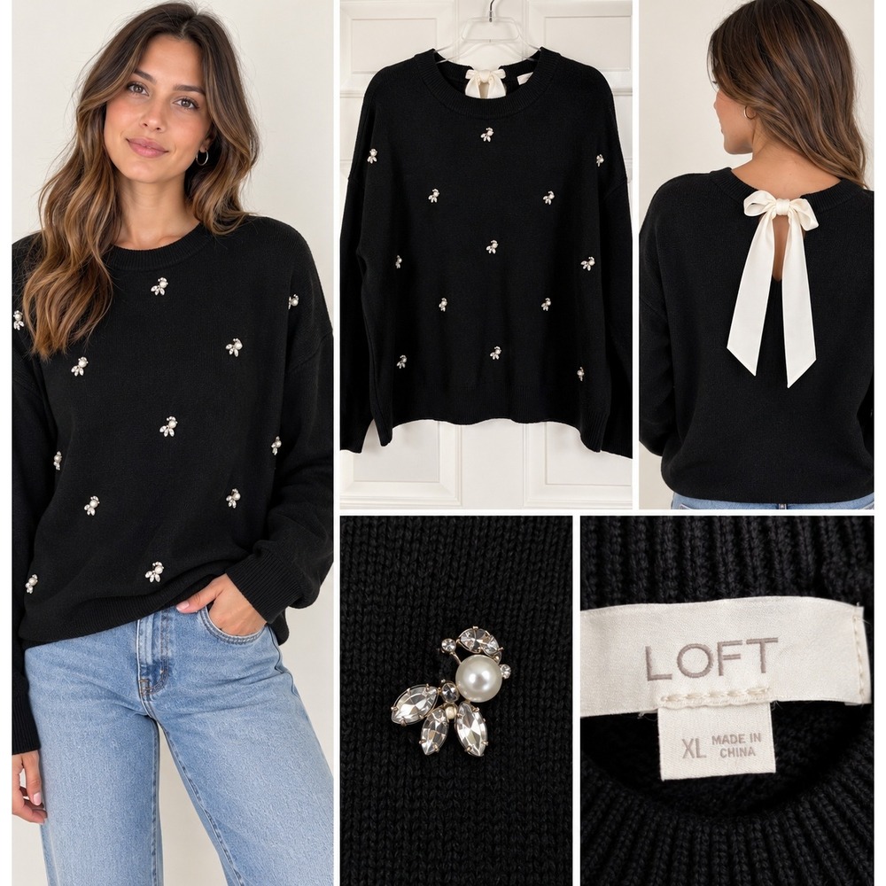 LOFT Black Embellished Sweater Women XL Pearl Rhinestone Bow Back Coquette